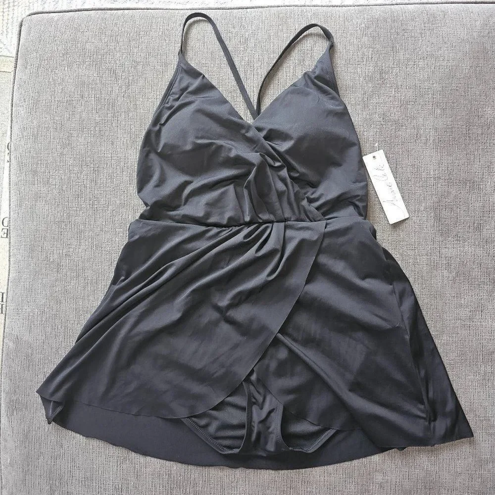 Anne Cole Swim Dress With Skirted Bottom Black For Women's Size 16